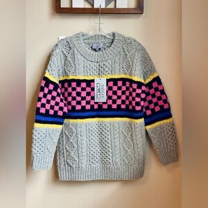 NWT XS ASHLEY WILLIAMS CHECKERBOARD Chunky Knit Sweater Jumper Gray Black Cable